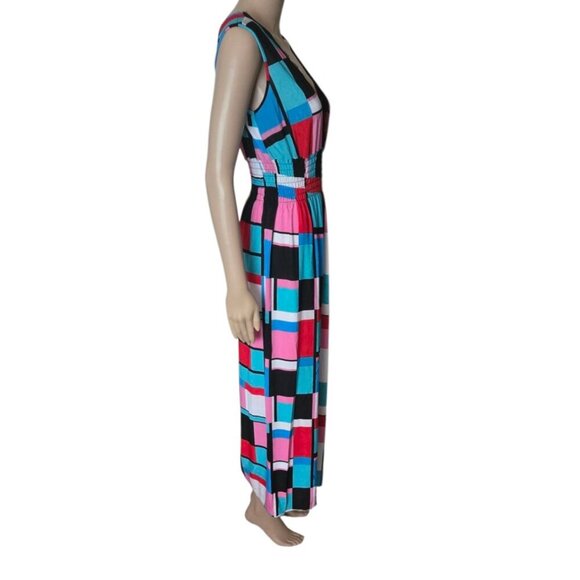 Julia Maxi Dress multicolor V Neck smocked waist sleeveless Silk Blend size M/L - Picture 2 of 8